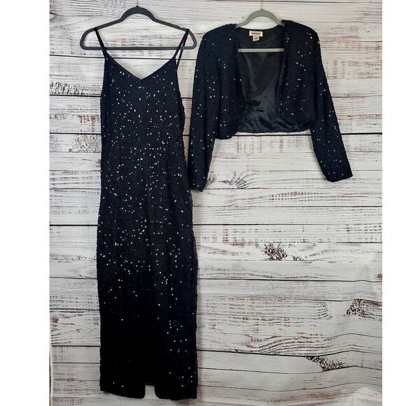 Vintage Formal Silk Black Sequin Beaded Dress Glam Event Gown Bolero Jacket Sz M - Picture 4 of 16